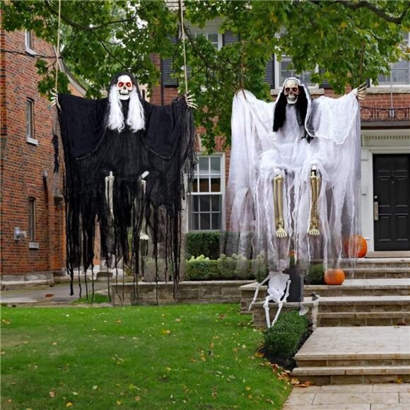 2 Pack Halloween Decorations Hanging Skeleton Ghosts with Light, Decor Props - Picture 3 of 7